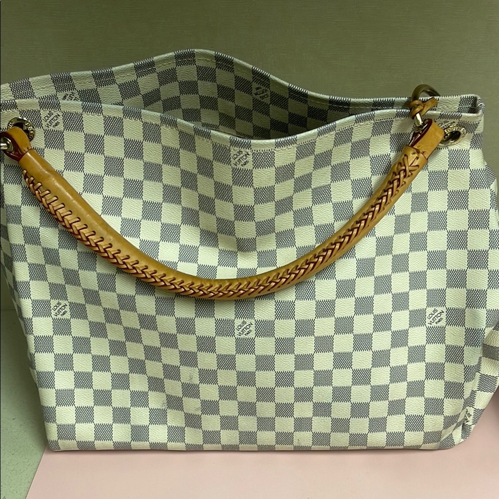 Louis Vuitton White and Tan Checkered Tote